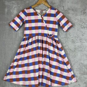 Hanna Andersson Girls 150 US 12 Pink Blue Plaid Faux Wrap Skater Dress 68008